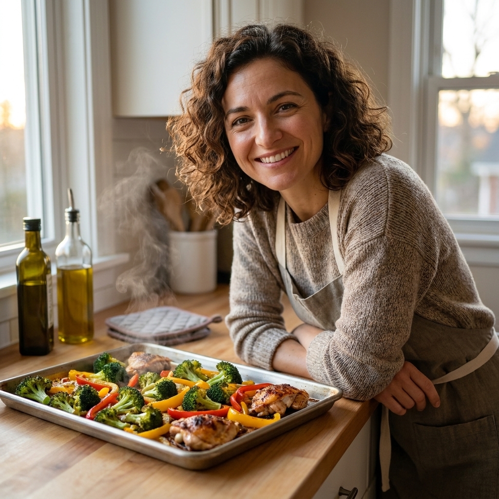 A single sheet pan filled with roasted broccoli, bell peppers, and chicken pieces cooling on a kitchen counter