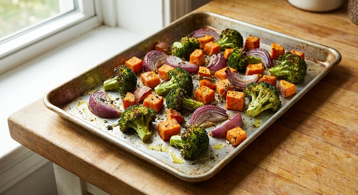 A single sheet pan filled with roasted broccoli florets, sweet potato cubes, and red onion wedges, lightly browned and glossy from olive oil