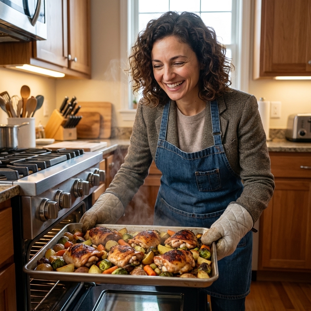 A single sheet pan in an oven-ready kitchen with roasted chicken thighs and mixed vegetables browned at the edges