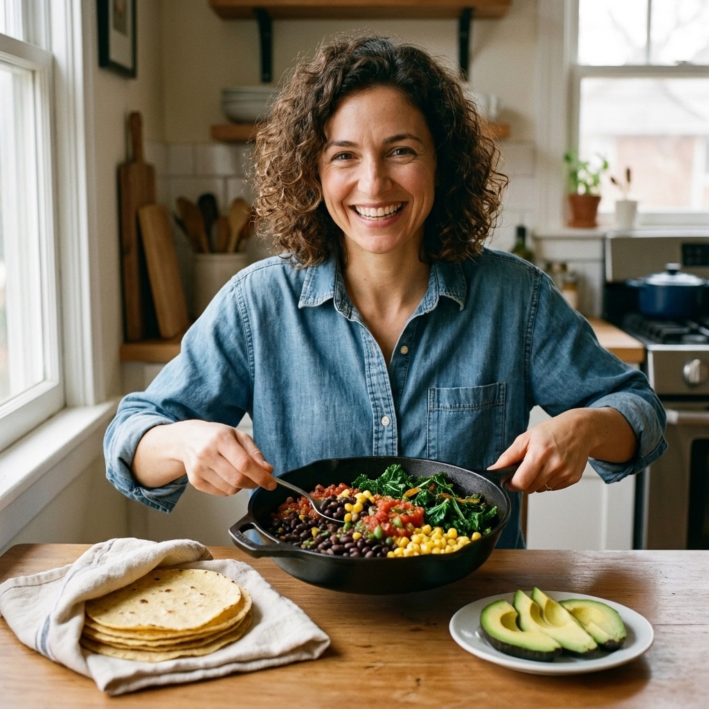 A skillet filled with black beans, corn, salsa, and wilted greens, served with tortillas and sliced avocado