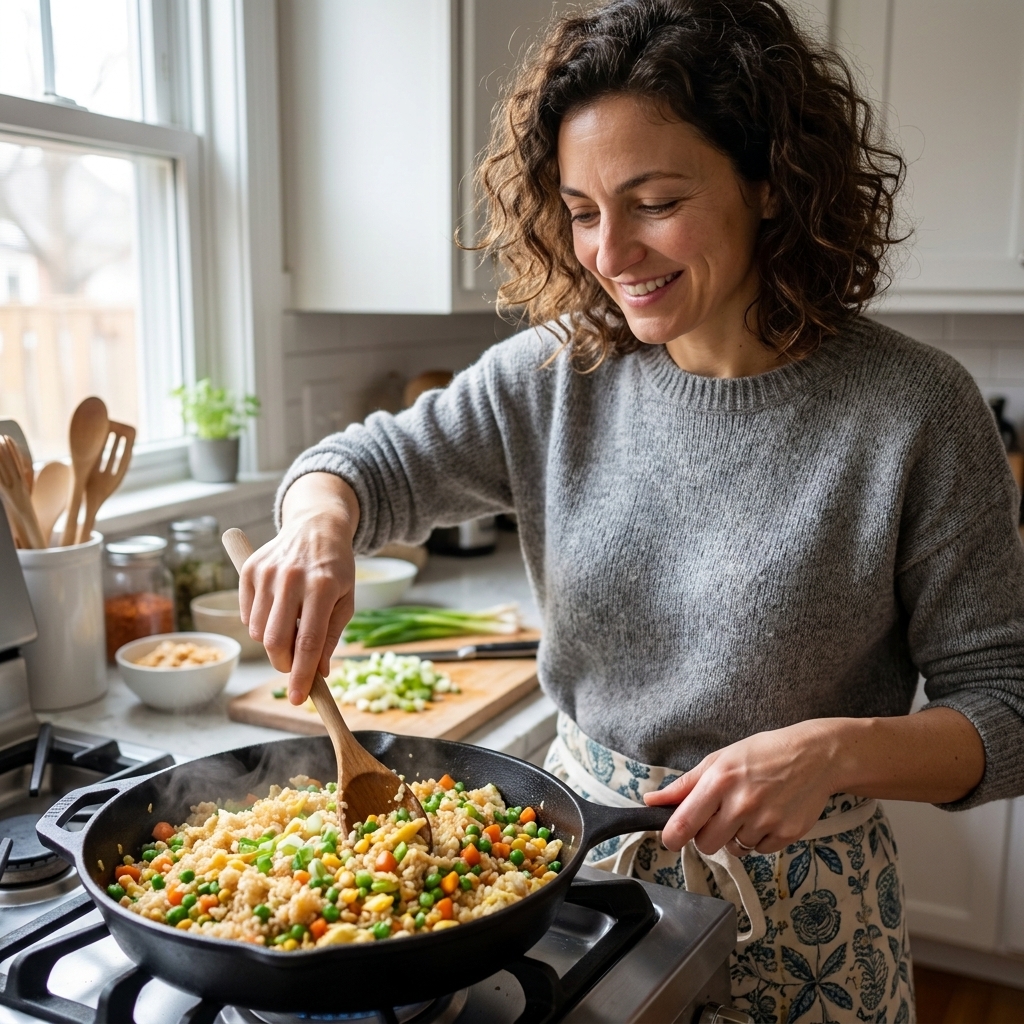 A skillet of egg fried rice with mixed vegetables being stirred with a wooden spoon