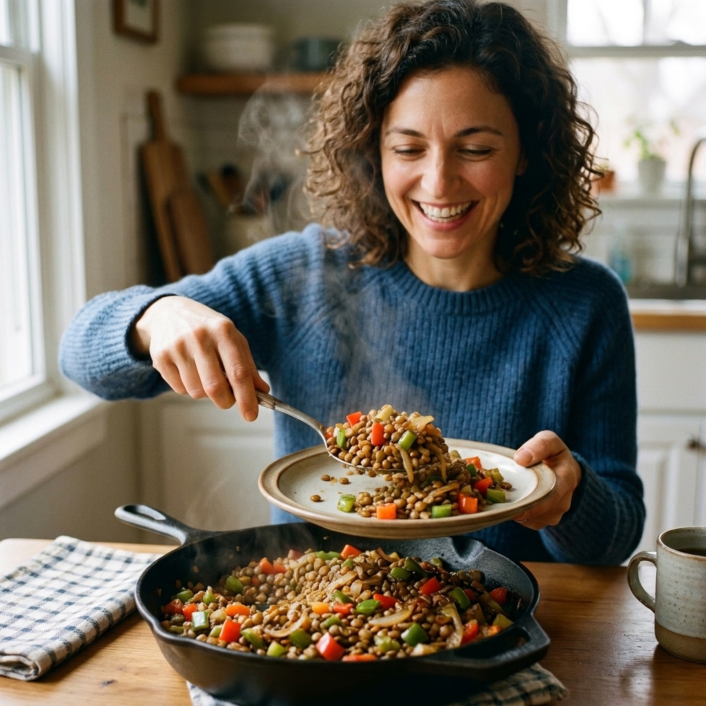 A skillet of lentil and vegetable breakfast hash with bell peppers and onions, served hot on a plate