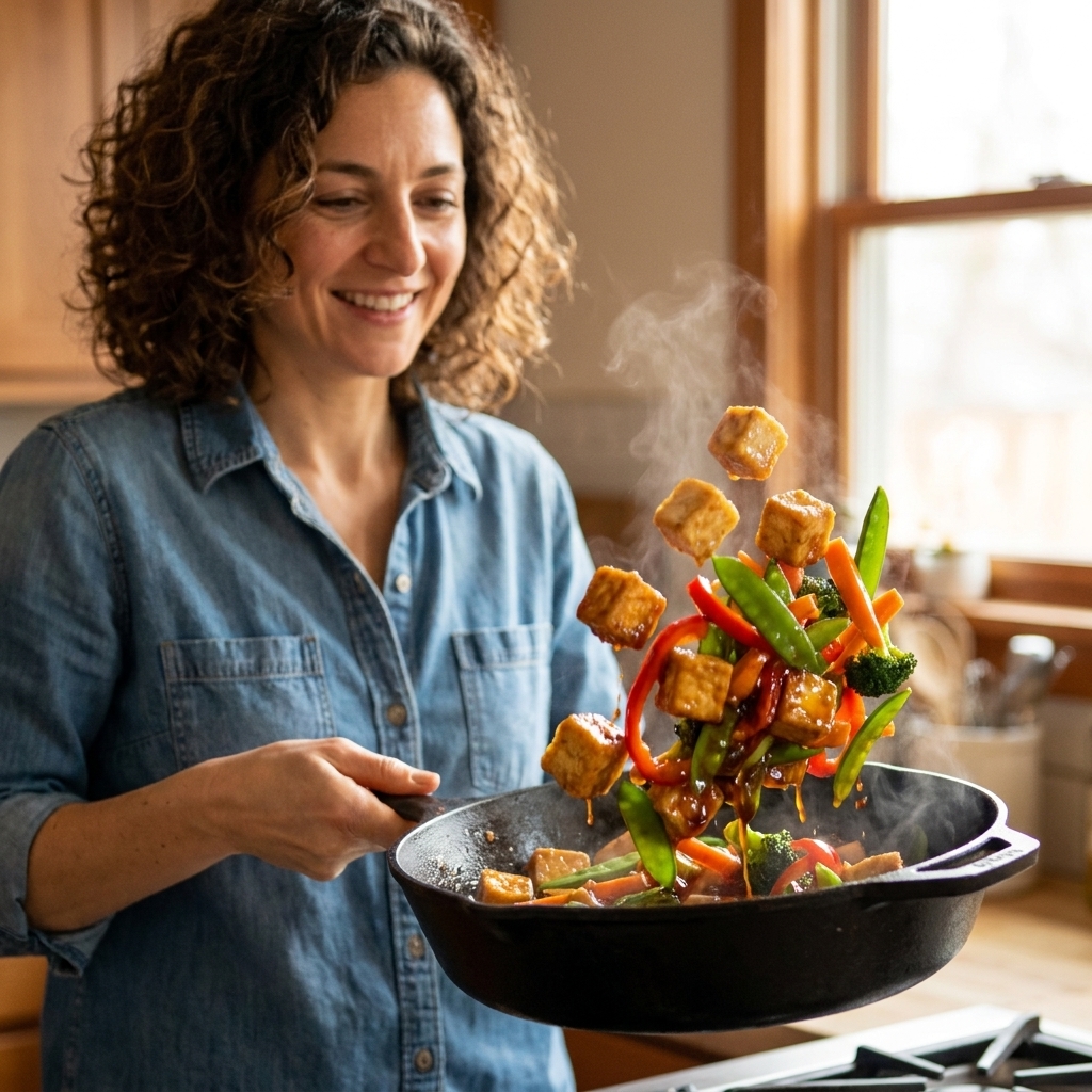 A skillet with golden tofu cubes and colorful stir-fry vegetables being tossed with a glossy sauce