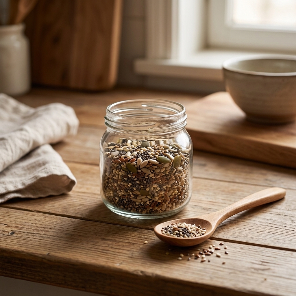 A small glass jar of mixed seeds on a kitchen counter next to a spoon, ready for sprinkling.
