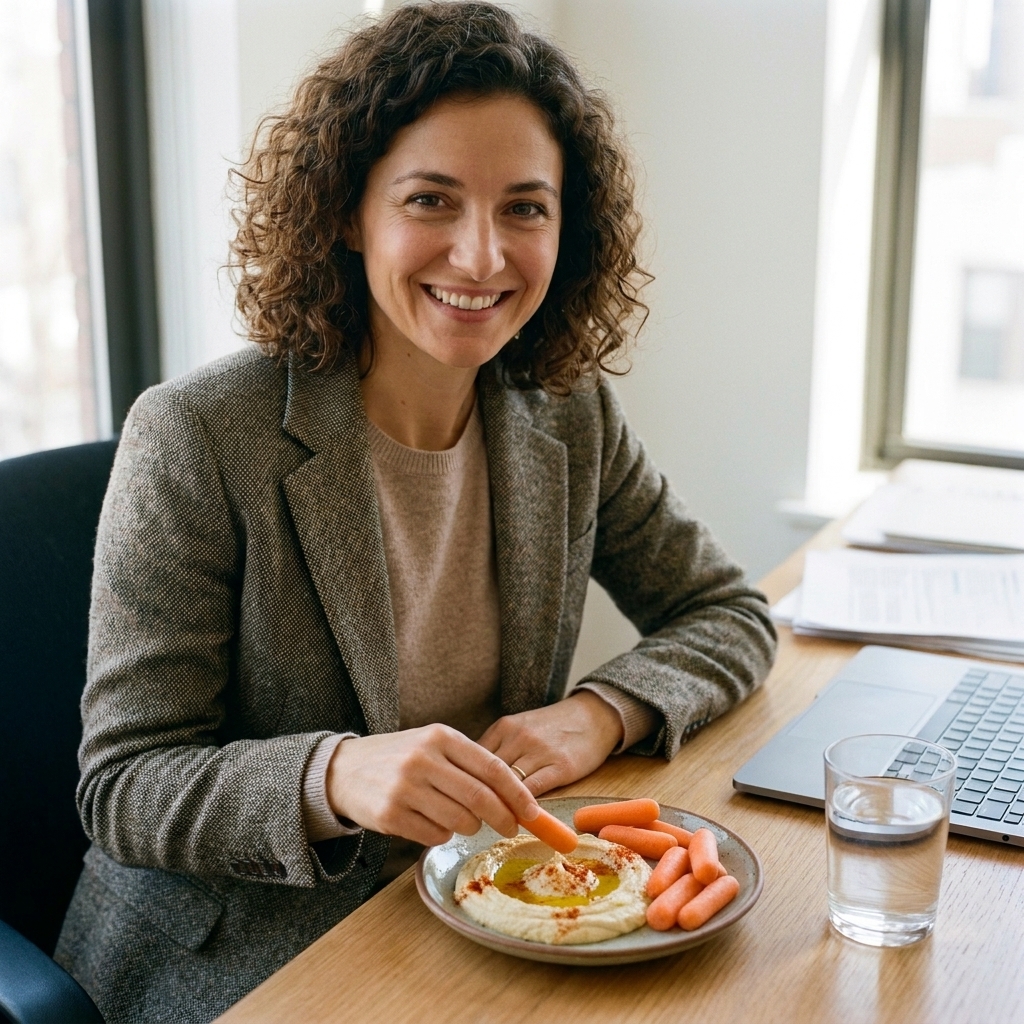 A small plate with hummus and baby carrots next to a glass of water on a desk