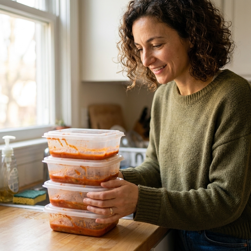 A stack of plastic meal prep containers on a kitchen counter with faint orange staining from tomato sauce