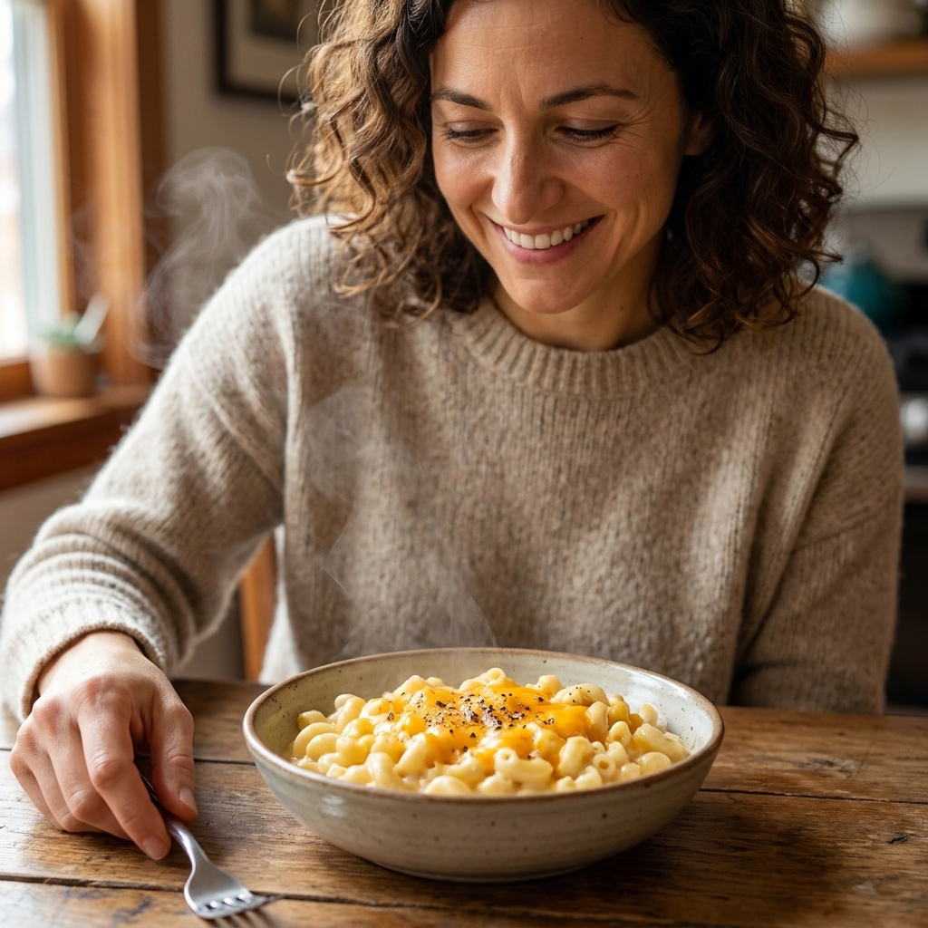 A steaming bowl of creamy macaroni and cheese topped with a light sprinkle of cheddar and cracked pepper on a wooden table