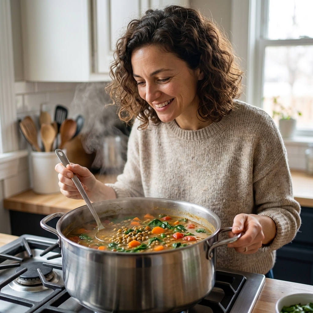 A steaming pot of lentil and spinach soup with visible carrots and tomatoes on a stovetop with a ladle resting inside