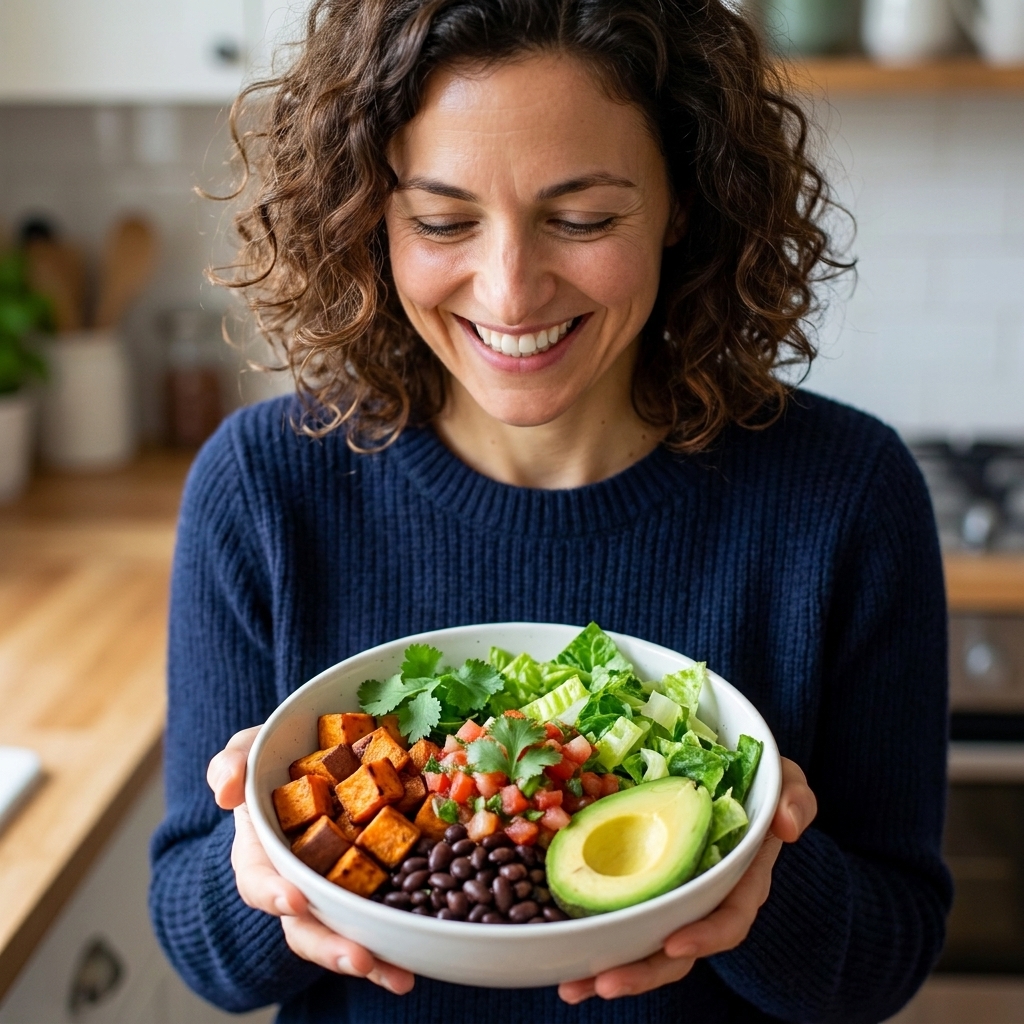 A taco-style power bowl with roasted sweet potato cubes, black beans, chopped romaine, salsa, sliced avocado, and cilantro in a white bowl
