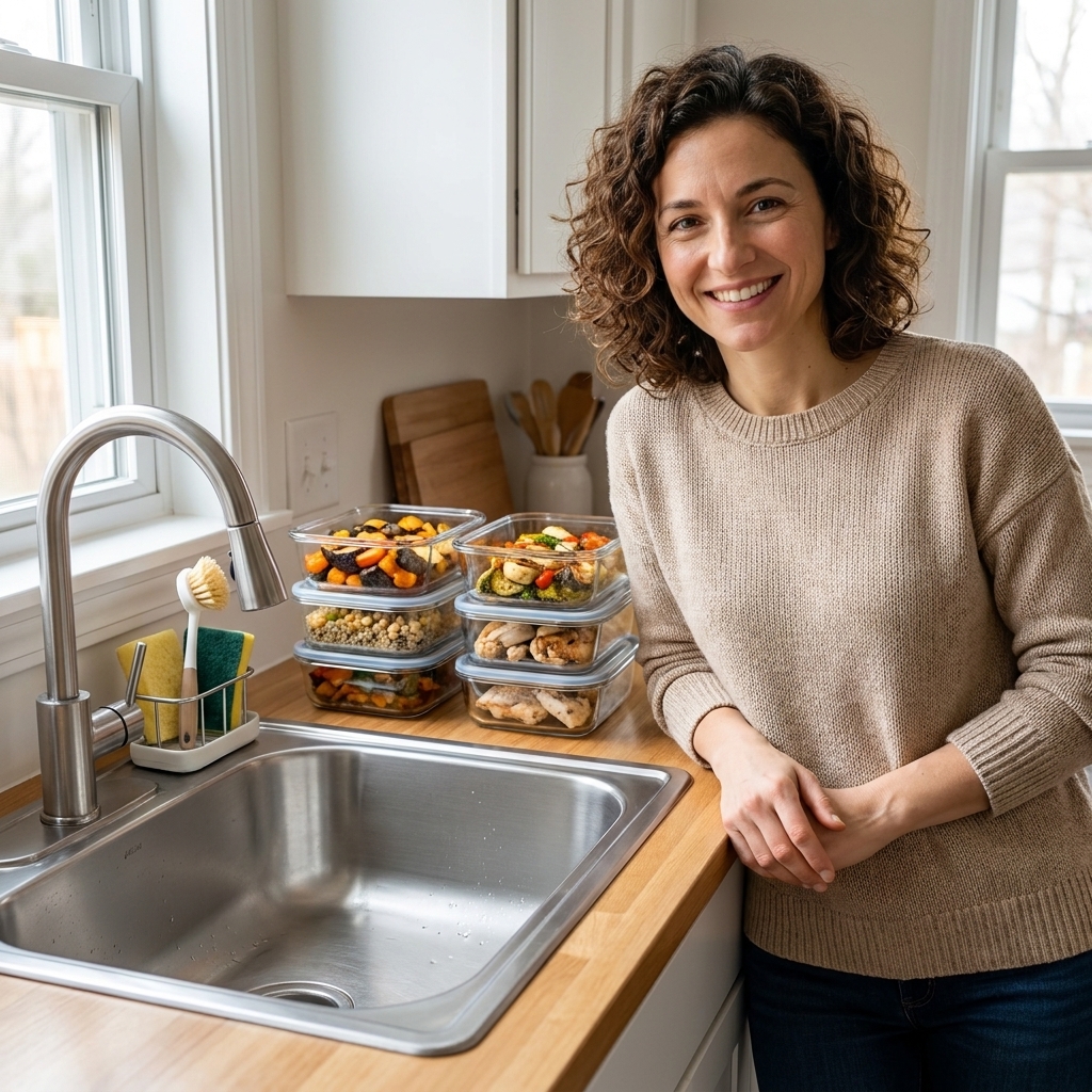 A tidy kitchen counter with stacked glass meal prep containers and a clean sink after cooking
