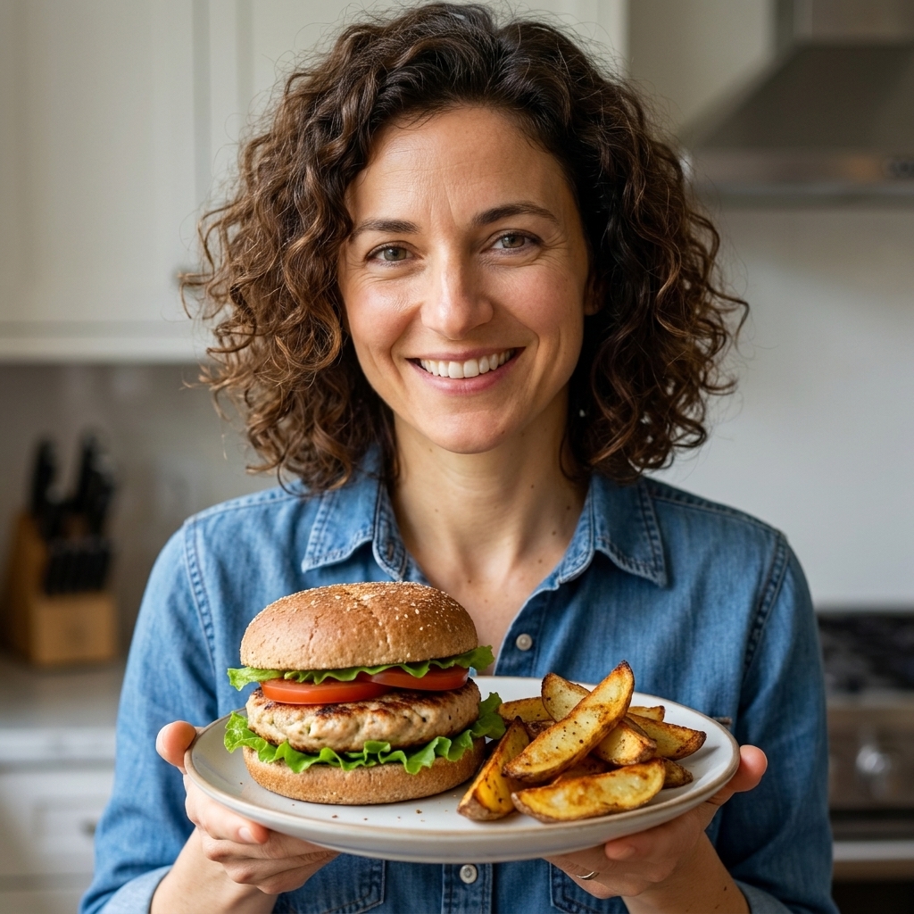 A turkey burger on a whole grain bun with lettuce and tomato alongside crispy air-fryer potato wedges
