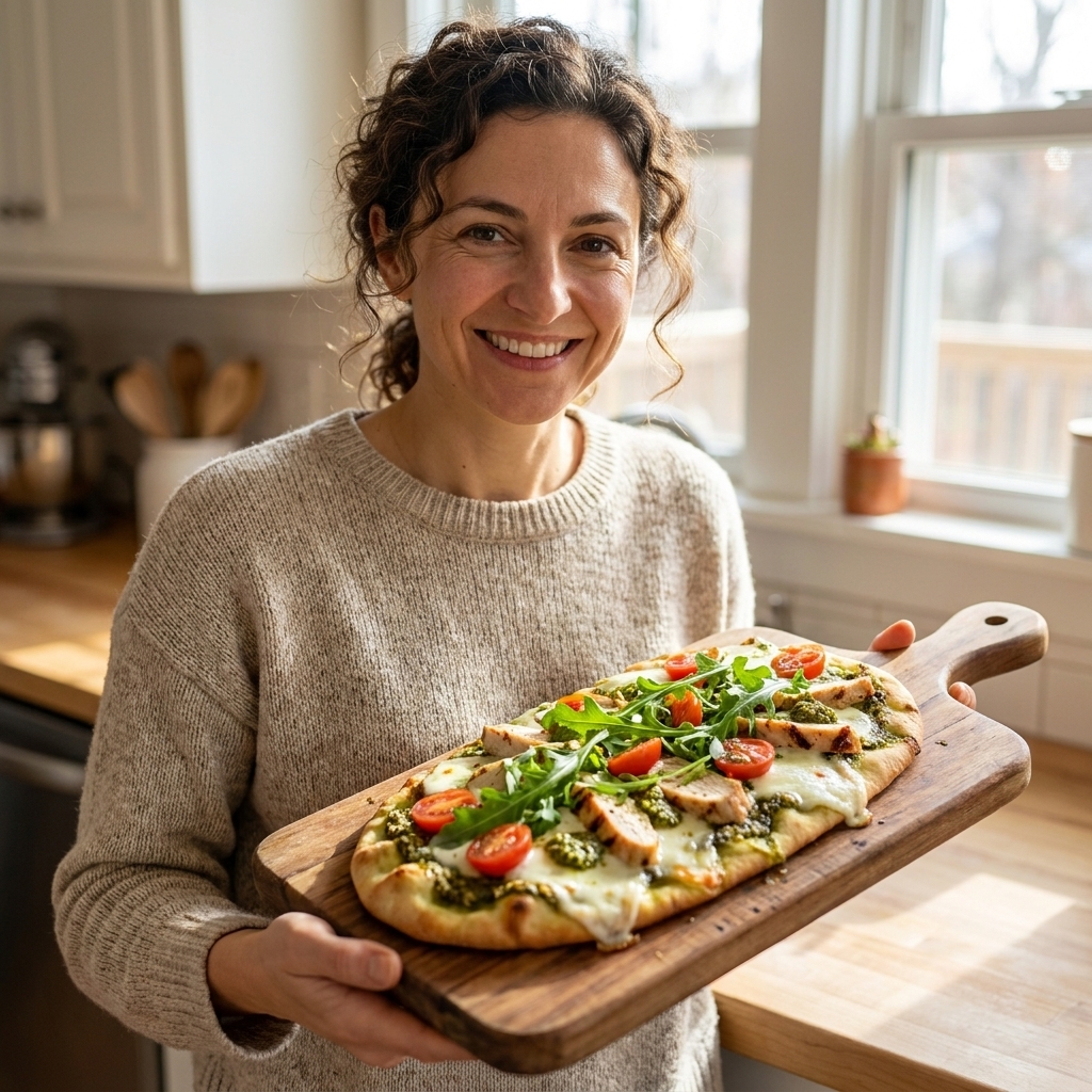 A warm pesto chicken flatbread topped with arugula and cherry tomatoes on a cutting board