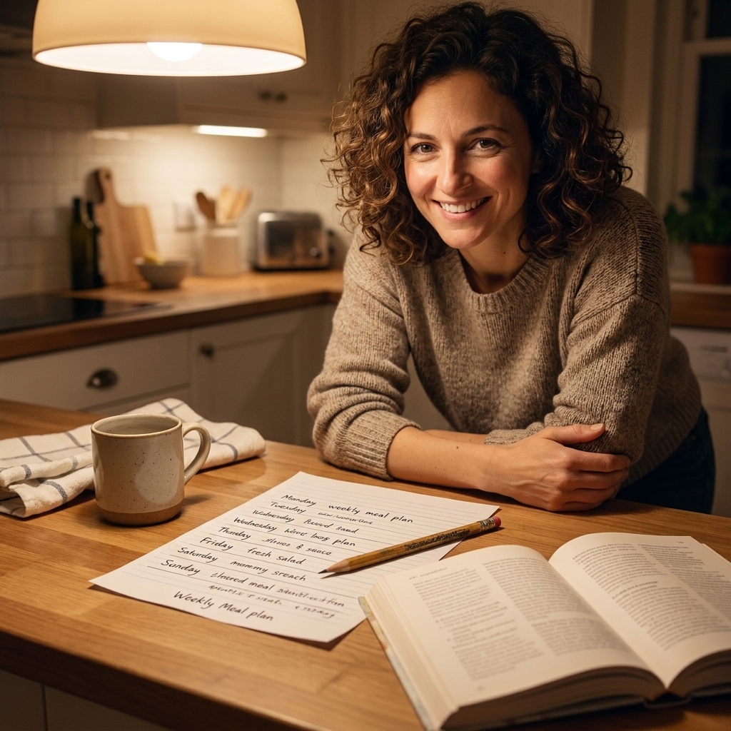 A weekly meal plan handwritten on paper with a few cookbooks and a pencil on a kitchen counter, warm indoor lighting