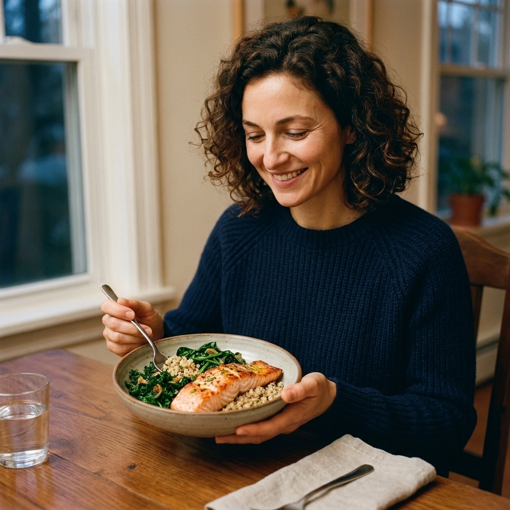A weeknight dinner bowl with roasted salmon, quinoa, sautéed greens, and a lemon olive oil drizzle on a ceramic plate