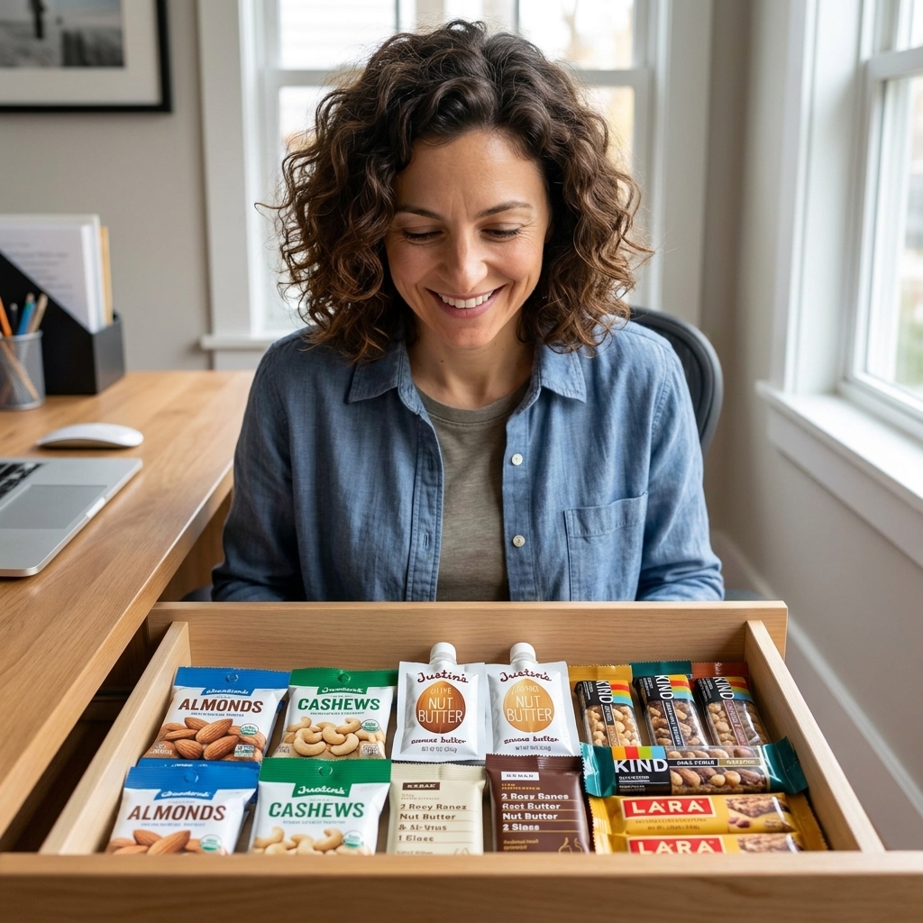 An open desk drawer stocked with single-serve nuts, nut butter packets, and shelf-stable snacks