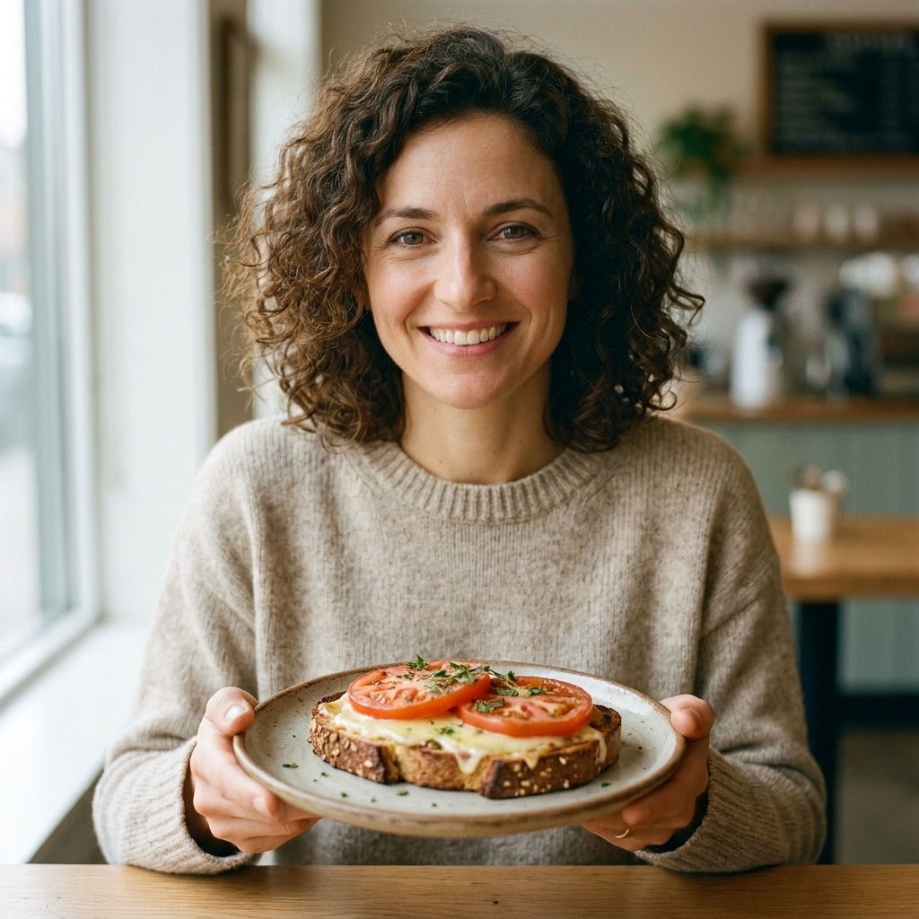 An open-faced melt on toasted whole grain bread topped with melted cheese and sliced tomato on a plate