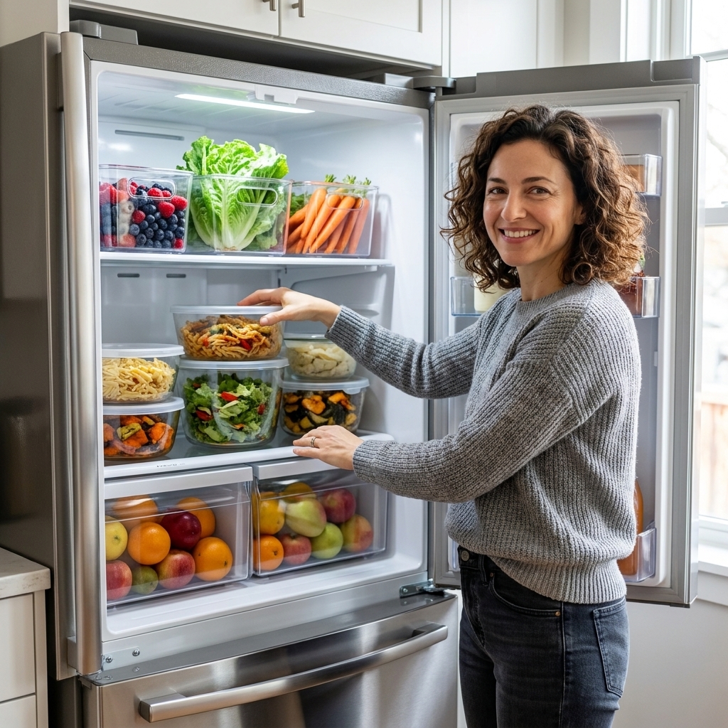 An open refrigerator with washed produce stored in clear containers and leftovers in visible glass bowls on the middle shelf