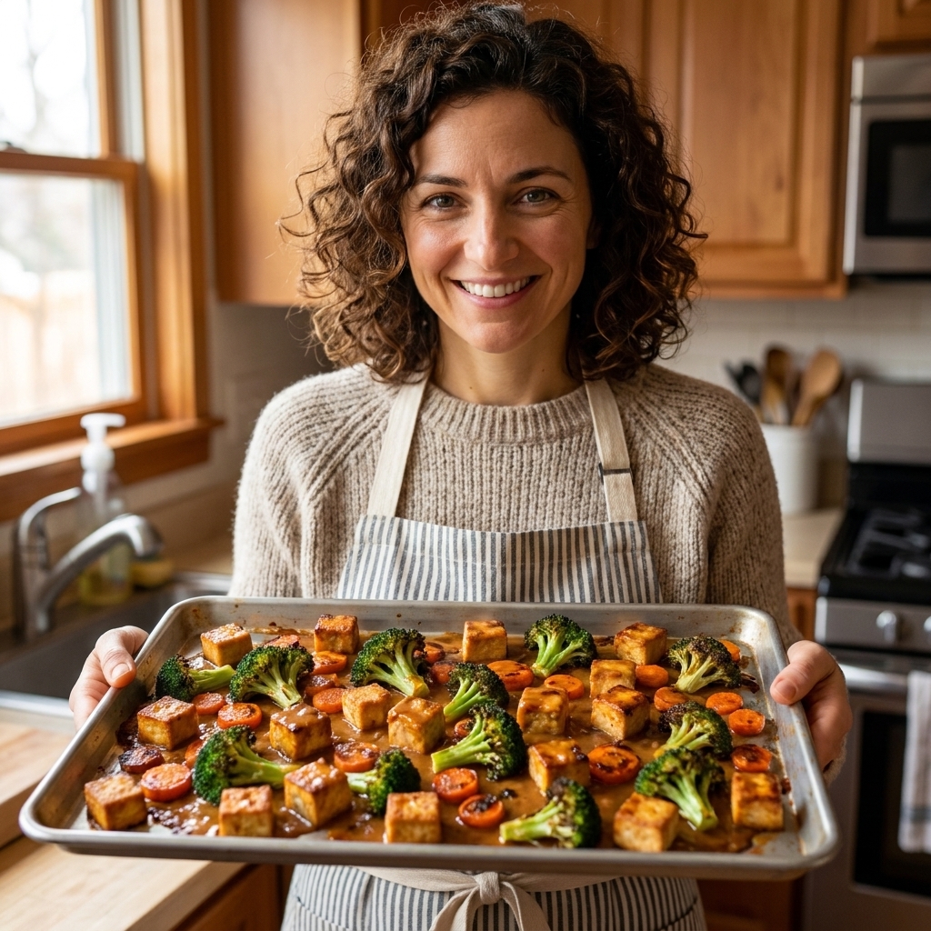 Crispy baked tofu cubes on a sheet pan with roasted broccoli and carrot slices, coated in a peanut-ginger sauce