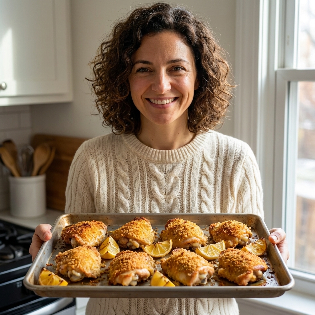 Crispy oven-baked chicken thighs on a sheet pan with a golden panko coating and lemon wedges