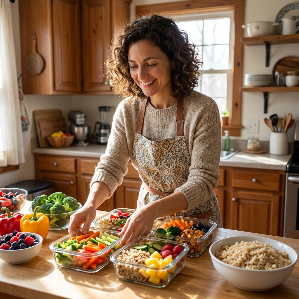 Elena Rossi smiling in a bright home kitchen while arranging simple meal prep containers on a counter with colorful fruits, vegetables, and grains