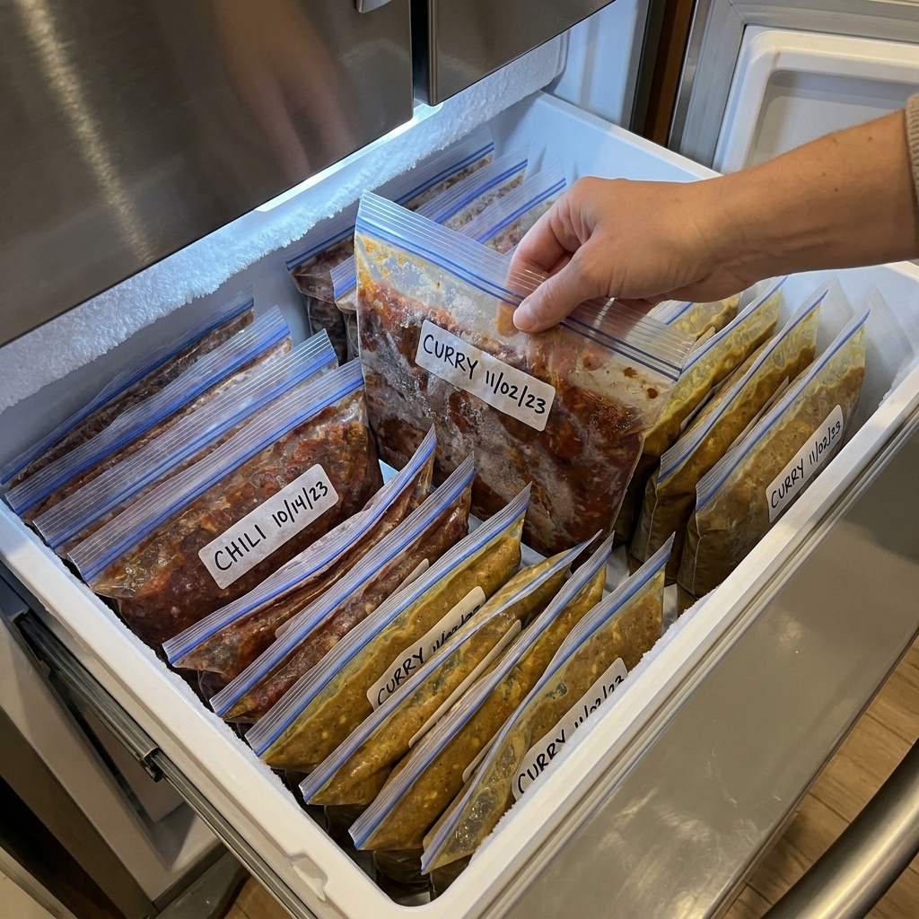 Flat frozen zip-top bags labeled with dates, filled with portions of chili and curry, stacked upright in a freezer drawer