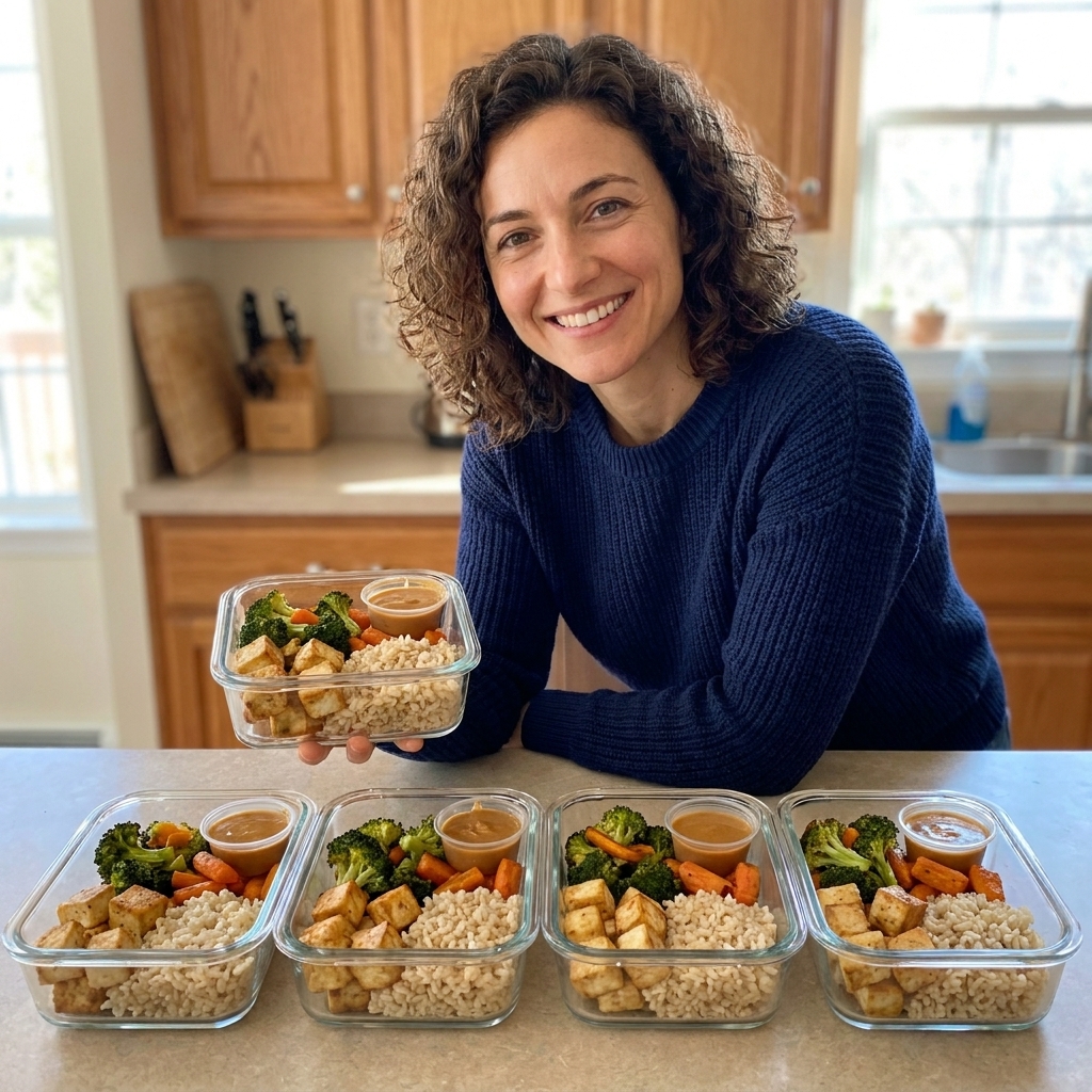 Four glass meal prep containers filled with baked tofu, brown rice, roasted vegetables, and a small container of peanut sauce on a kitchen counter