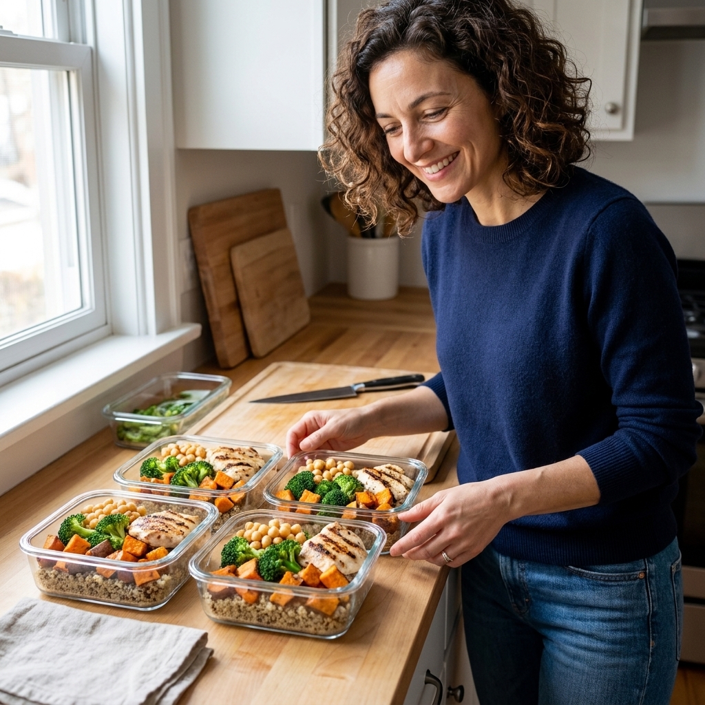 Four glass meal prep containers filled with macro-balanced power bowls, each with grains, roasted vegetables, and a protein, arranged on a kitchen counter