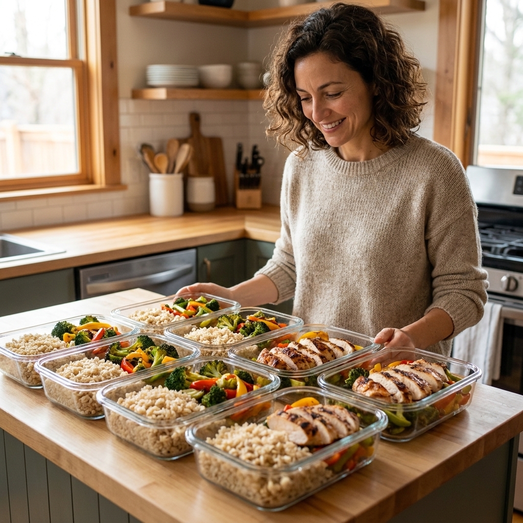 Glass meal prep containers filled with cooked rice, roasted vegetables, and sliced chicken arranged on a kitchen island, ready for the week