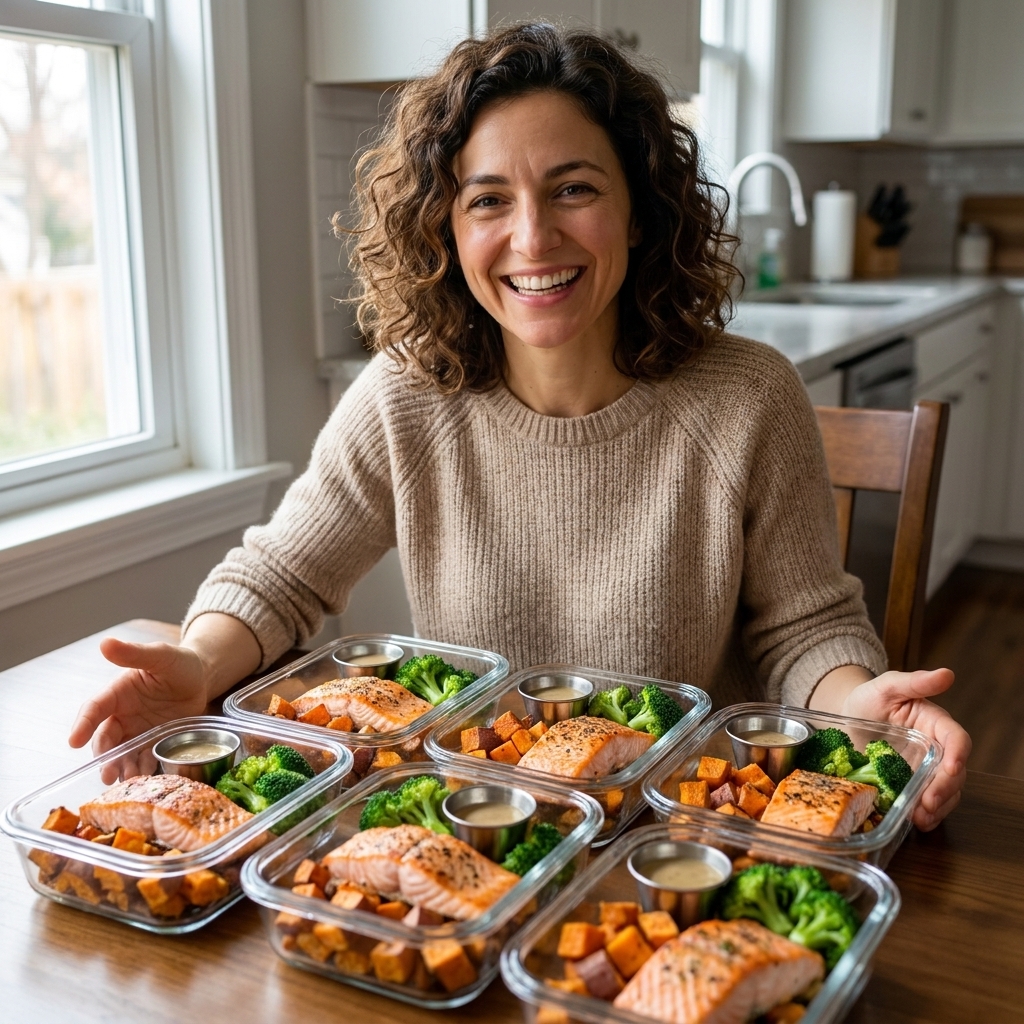 Meal prep containers arranged on a dining table with portions of salmon, roasted sweet potatoes, broccoli, and a small cup of sauce, showing a balanced macro-friendly meal