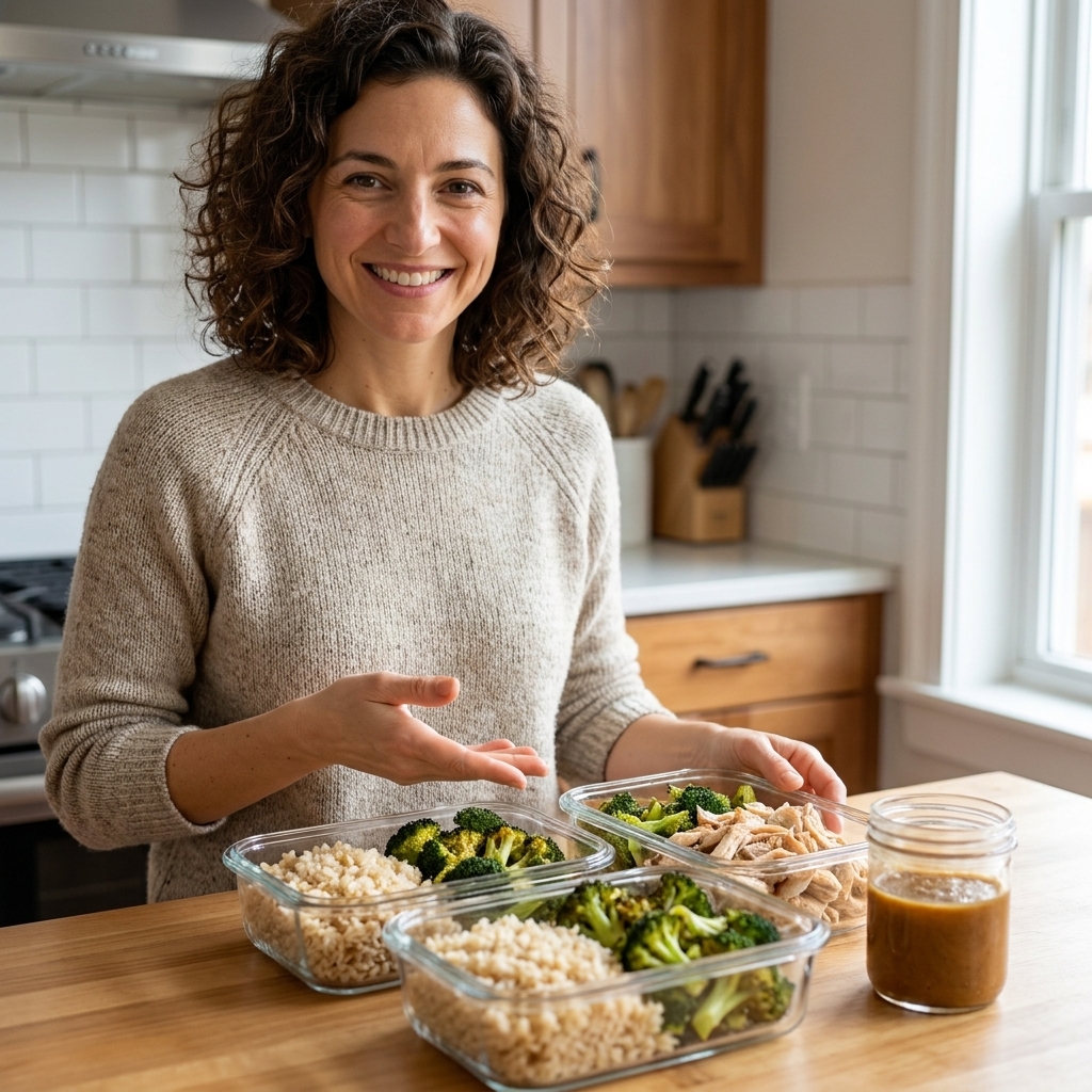 Meal prep containers on a kitchen counter filled with cooked brown rice, roasted broccoli, shredded chicken, and a small jar of sauce