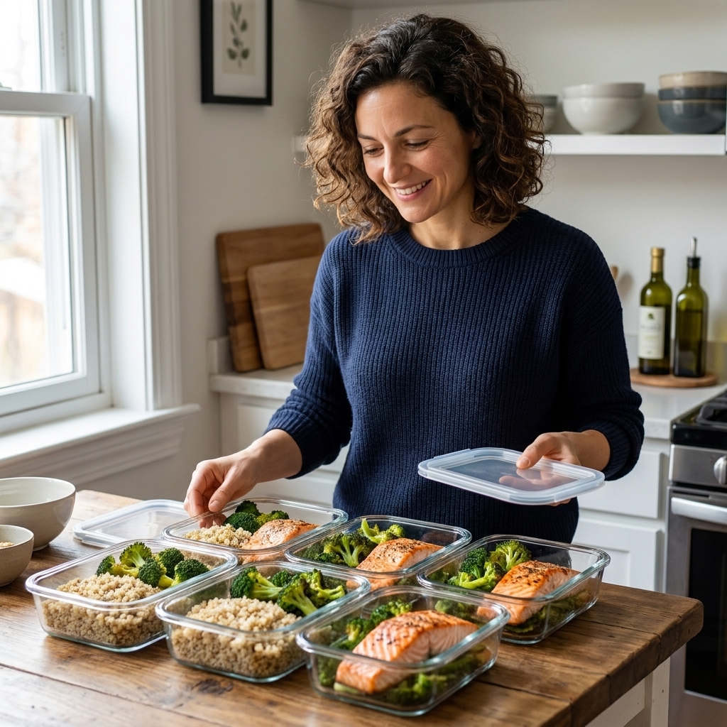 Meal prep containers with cooked quinoa, roasted broccoli, and salmon portions arranged neatly on a wooden countertop