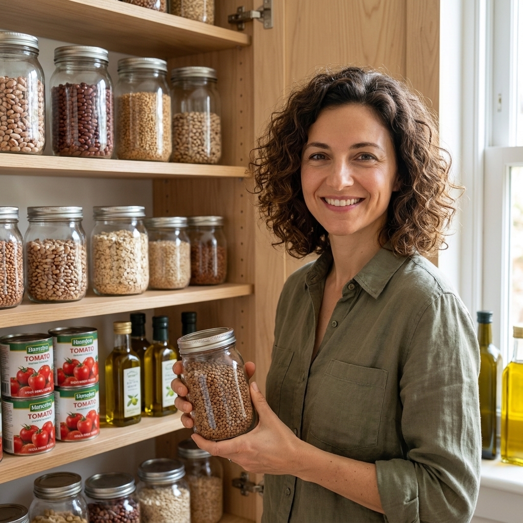 Open kitchen pantry shelves stocked with jars of beans, lentils, oats, brown rice, canned tomatoes, and olive oil