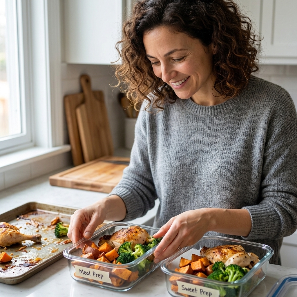 Portioned sheet pan dinner leftovers in glass meal prep containers on a kitchen counter with a baking sheet in the background