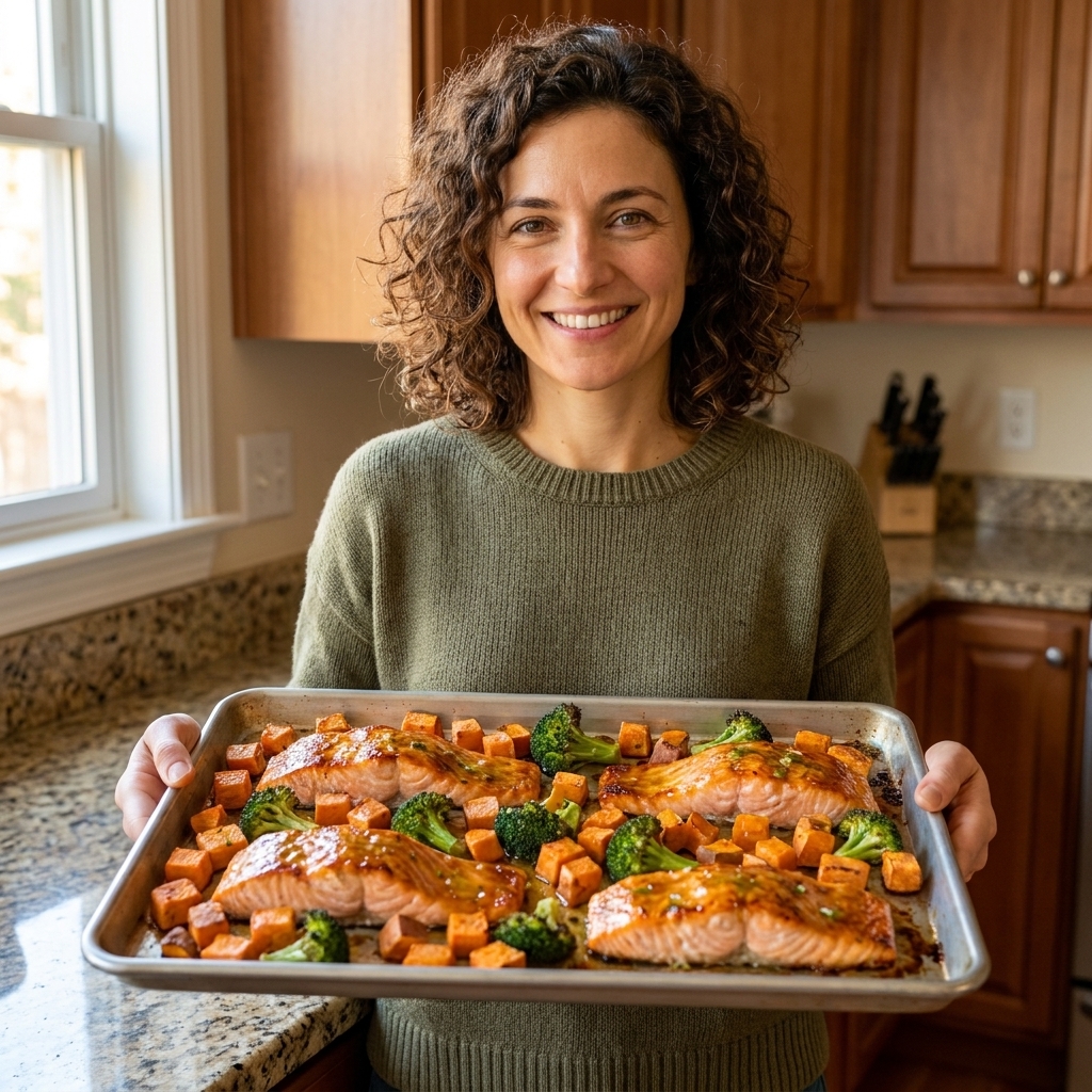 Roasted salmon fillets glazed with honey and lime on a sheet pan with cubed sweet potatoes and broccoli florets