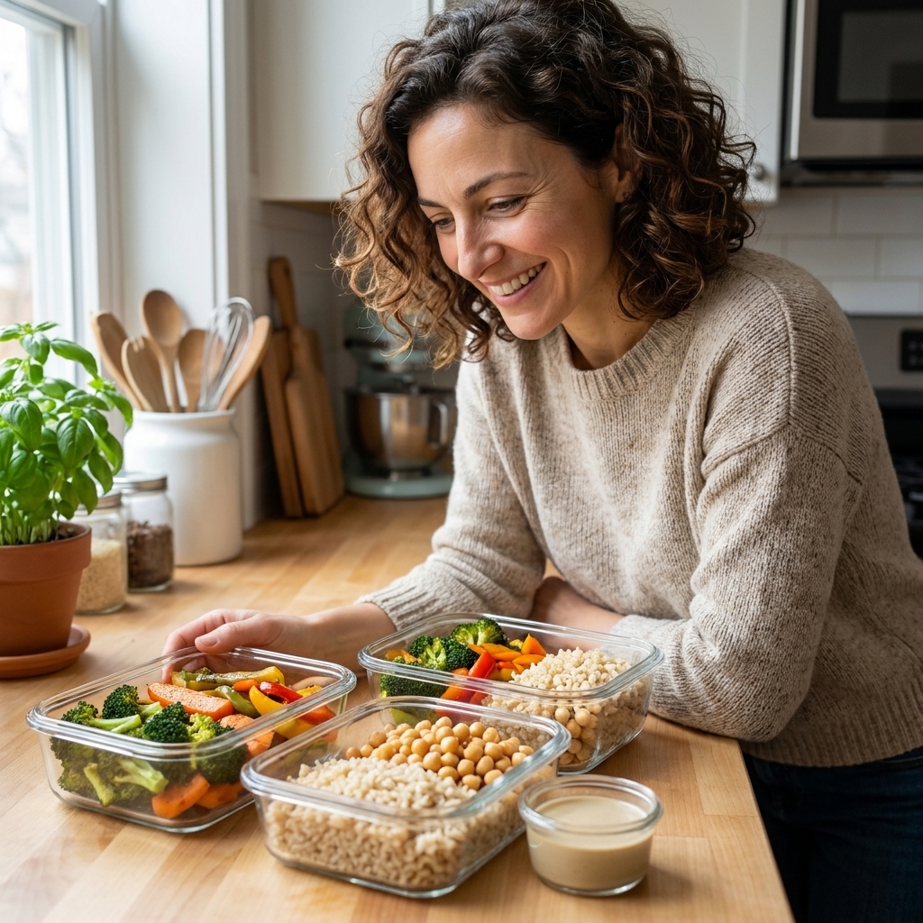 Several glass meal prep containers filled with roasted vegetables, brown rice, chickpeas, and a small container of dressing on a kitchen counter