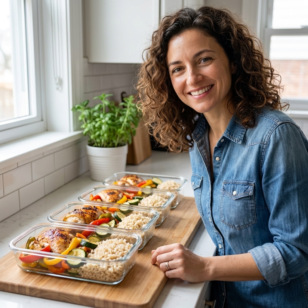 Several glass meal prep containers filled with roasted chicken, sautéed vegetables, and a small portion of brown rice on a bright kitchen counter