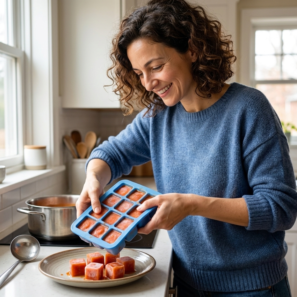Silicone freezer tray filled with frozen cubes of tomato soup being popped out onto a plate in a home kitchen