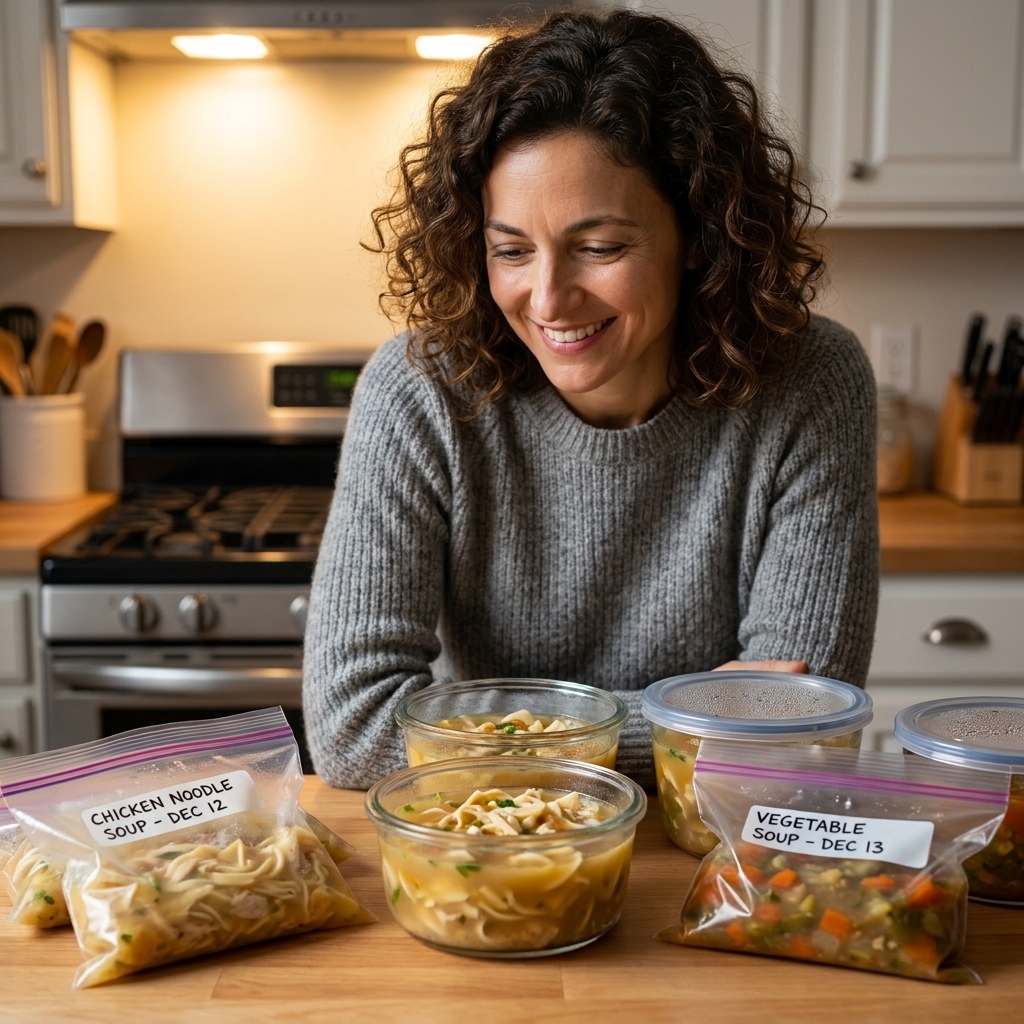 Single-serve containers of homemade soup cooling on a countertop beside labeled freezer bags