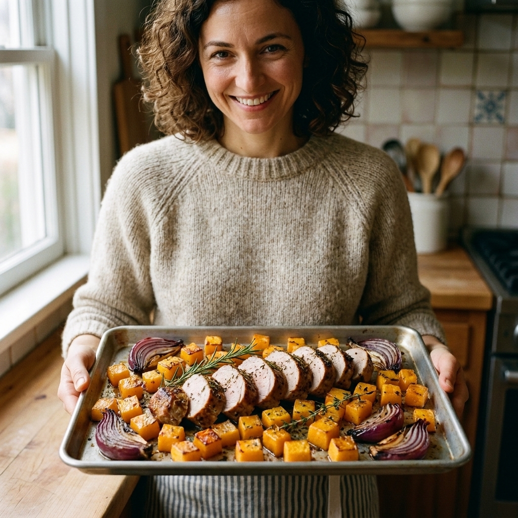 Sliced roasted pork tenderloin on a sheet pan with caramelized butternut squash cubes and red onion wedges