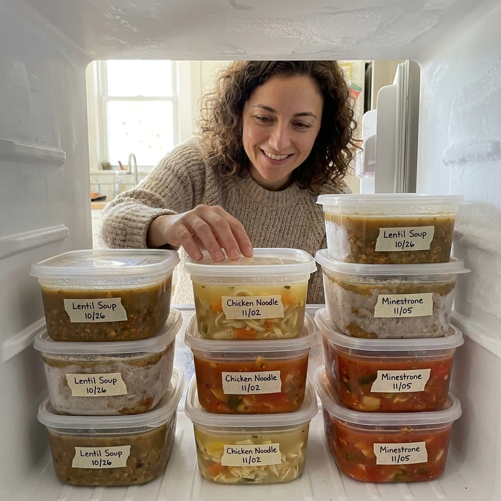 Stacked freezer-safe containers filled with homemade soup and labeled with dates using small pieces of tape inside a home freezer
