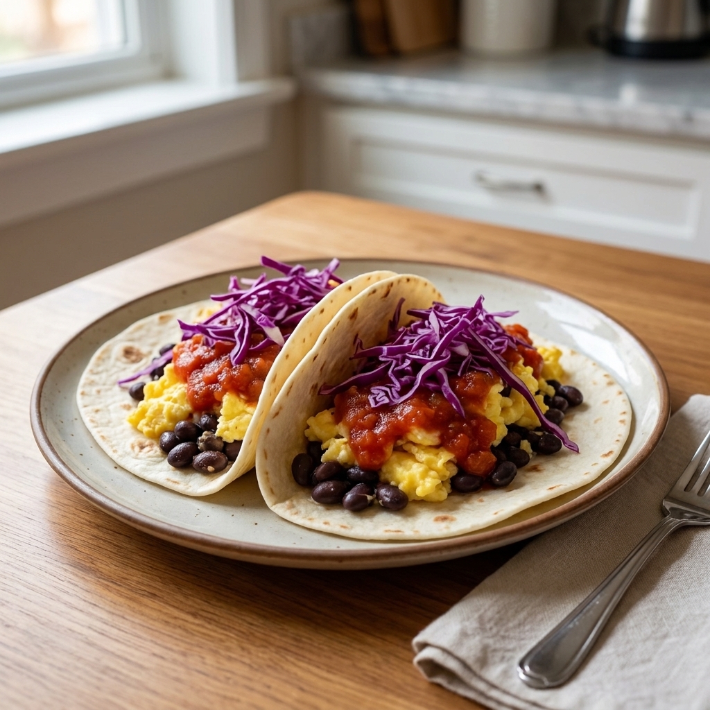 Two breakfast tacos filled with scrambled eggs and black beans, topped with salsa and shredded cabbage on a plate