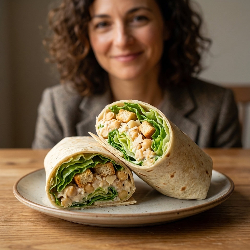 Two cut chickpea Caesar wraps stuffed with romaine and a creamy chickpea filling on a plate
