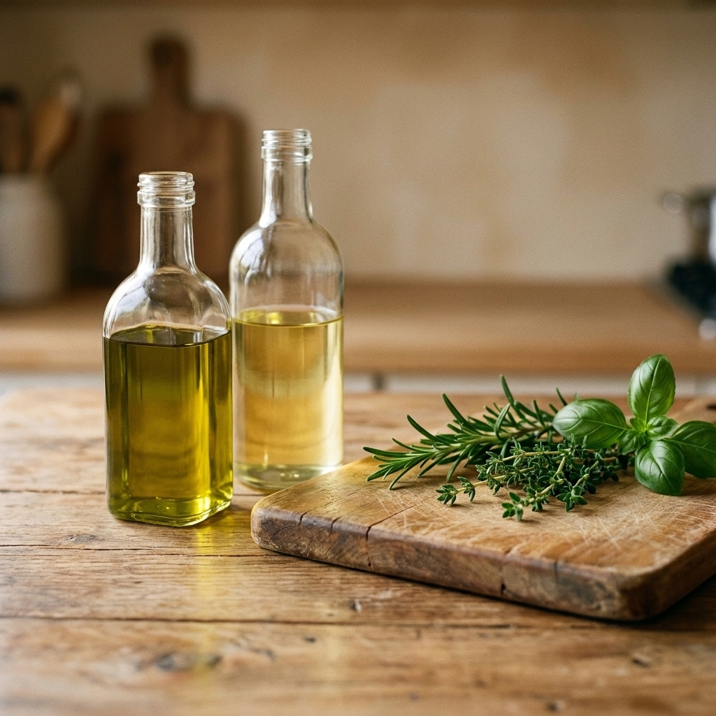 Two glass bottles on a kitchen counter, one filled with extra-virgin olive oil and one with avocado oil, next to a cutting board and herbs