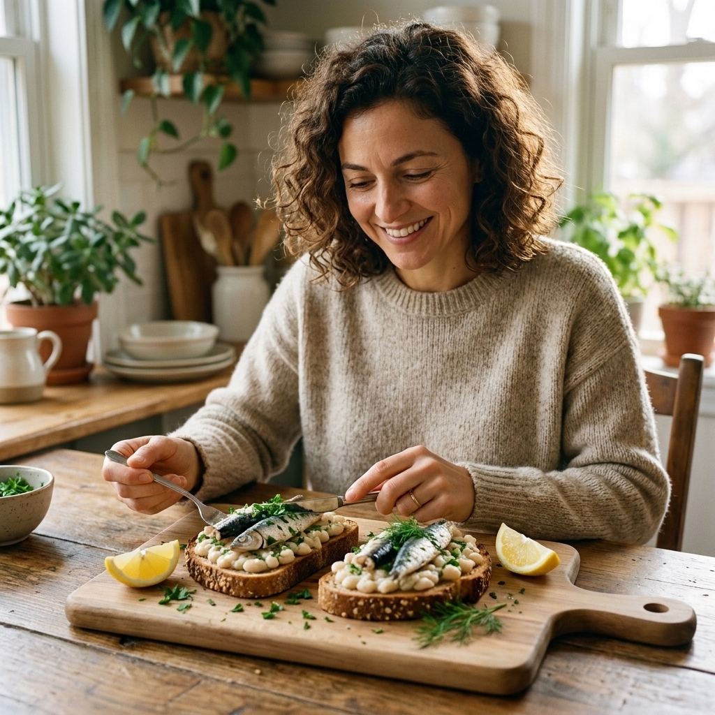 Two slices of whole grain toast topped with mashed white beans, sardines, chopped herbs, and lemon wedges on a wooden cutting board
